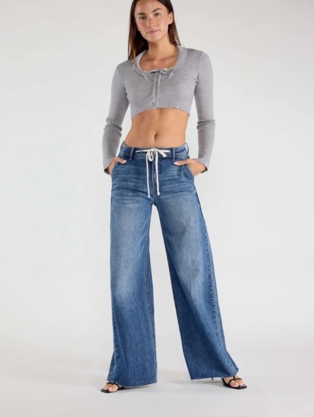 Enjean Wide-Leg Blue Denim Jeans with Drawstring Waist